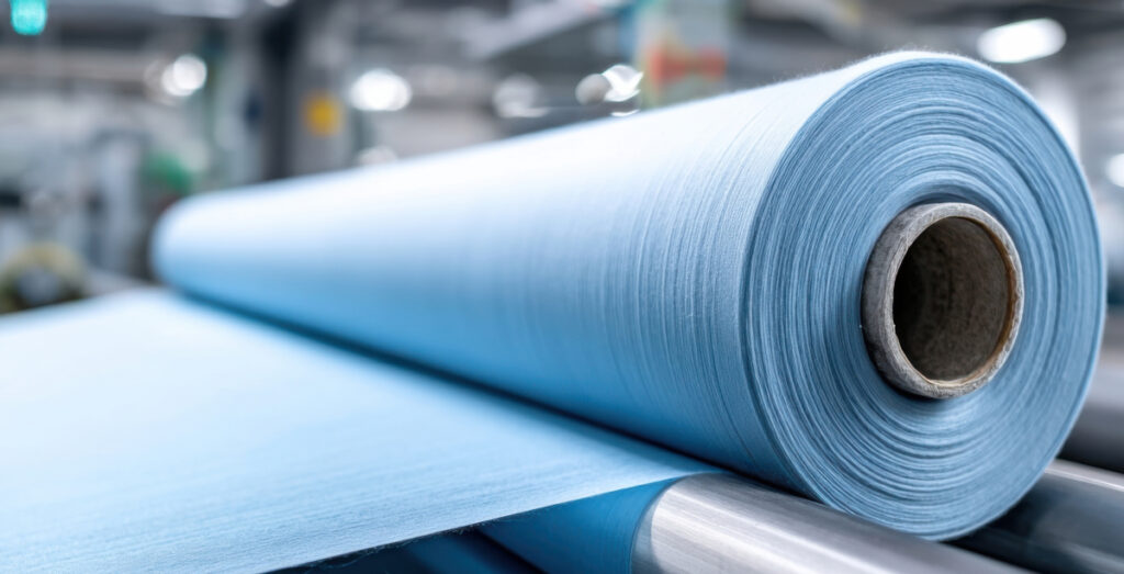 A roll of light blue fabric.