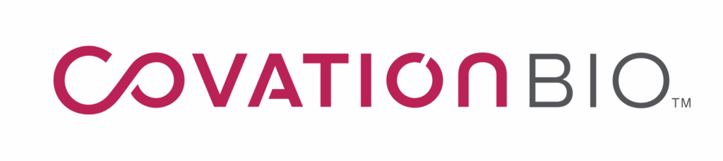 Logo featuring "CovationBIO" in bold pink and gray text, with an infinity symbol integrated into the design.