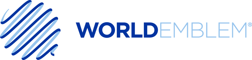 Blue wave-like graphic next to the text "WORLD EMBLEM®" in bold blue and light blue, on a black background.