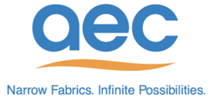 Blue "aec" logo with a wavy orange line underneath. Beneath it, the text reads "Narrow Fabrics. Infinite Possibilities."