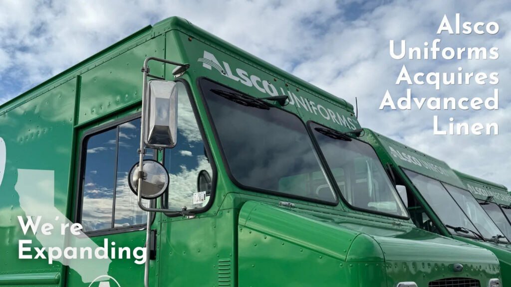 Green Alsco truck with text overlay: "We're Expanding," and "Alsco Uniforms Acquires Advanced Linen," against a cloudy sky.