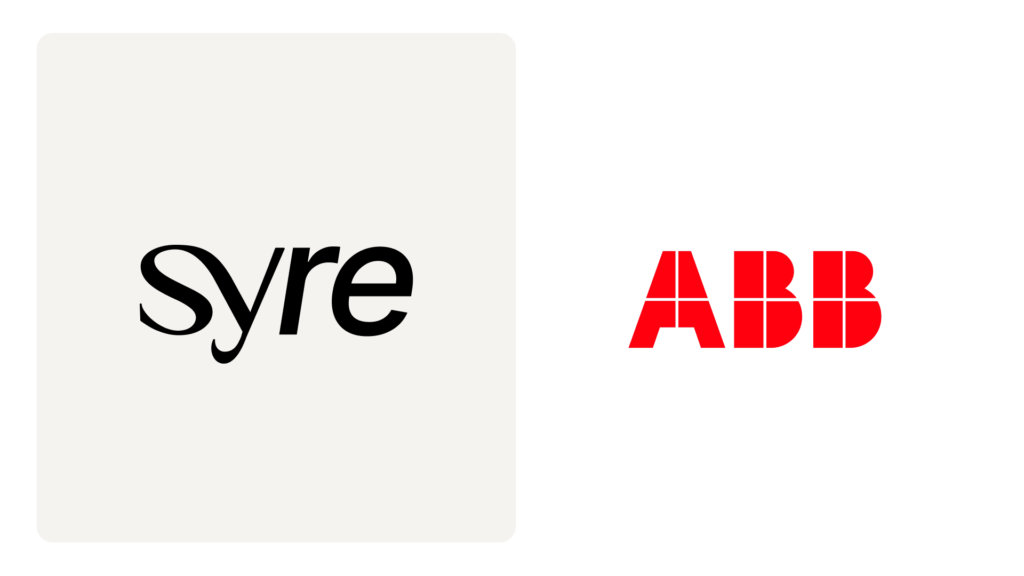 Logos for Syre and ABB on a light background; Syre in black serif font, ABB in bold red sans-serif font.