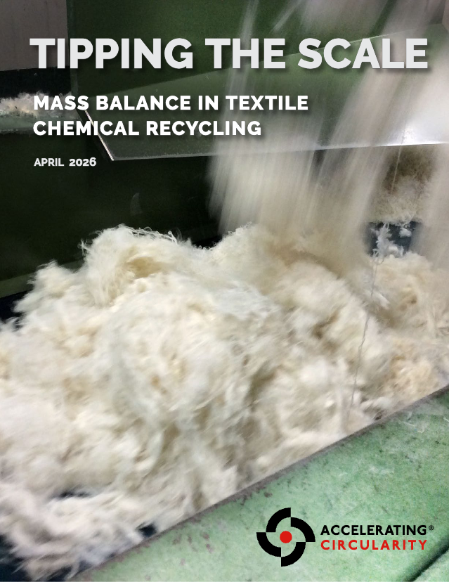 Textured fibers are flowing from a metal chute, with the title "Tipping the Scale" prominently displayed above. The background is green.