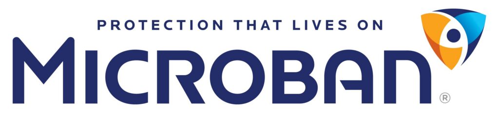 Logo featuring the word "MICROBAN" in bold blue letters, accompanied by a colorful icon of a shield with a stylized figure.