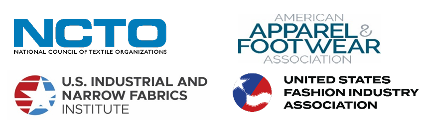 Logos of textile and apparel organizations, featuring blue and red colors, arranged in a grid format representing industry collaboration.