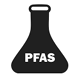 Black icon featuring a stylized water droplet with "PFAS" displayed prominently in white, set against a dark background.