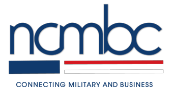 Logo featuring "ncmcbc" in bold blue letters, with a red and white striped design below, symbolizing a connection between military and business.