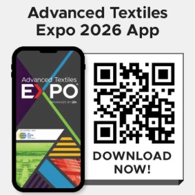 Smartphone displaying the Advanced Textiles Expo app alongside a QR code, with a colorful geometric design and "DOWNLOAD NOW!" text.