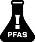 Graphic featuring a bold exclamation mark above the letters "PFAS," set against a black background.